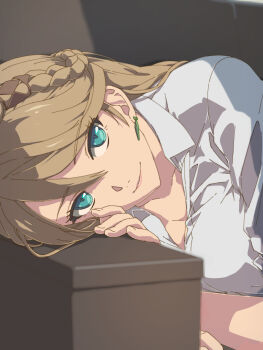 1girl blonde_hair braid bun_with_braided_base chiharu_(9654784) closed_mouth commentary_request crown_braid eiyuu_densetsu elaine_auclair green_eyes hair_between_eyes highres kuro_no_kiseki kuro_no_kiseki_(series) kuro_no_kiseki_i kuro_no_kiseki_ii looking_at_viewer parted_bangs resting seductive_smile shirt simple_background smile white_shirt