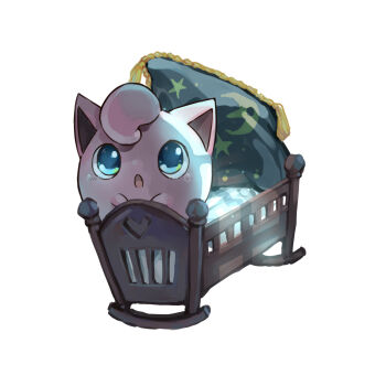 Rule 34 | blue eyes, commentary request, cradle, dlitw, full body, gen 1 pokemon, gen 3 pokemon, highres, jigglypuff, lunatone, nintendo, no humans, open mouth, pillow, pokemon, pokemon (creature), simple background, solo, star (symbol), star print, white background