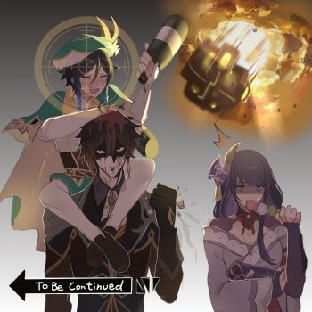 1girl androgynous armor beret black_gloves black_hair blue_hair blush bottle braid breasts bridal_gauntlets brown_hair cleavage clenched_hand closed_eyes closed_mouth collared_cape collared_shirt corset crosshair dango earrings eating eyes_in_shadow flower food formal_clothes frilled_sleeves frills genshin_impact gloves gradient_background gradient_hair green_headwear green_shorts hair_between_eyes hair_ornament hat hat_flower haze_(ha_ze) highres holding holding_bottle holding_food jacket japanese_clothes jewelry jojo_no_kimyou_na_bouken kimono large_breasts leaf long_hair long_sleeves meme meteor mitsudomoe_(shape) mole mole_under_eye multicolored_hair nail_polish necktie obi obiage open_mouth orange_hair pantyhose pouring purple_eyes purple_flower purple_hair purple_nails raiden_shogun ribbon sanshoku_dango sash shaded_face shirt short_hair_with_long_locks shorts shoulder_armor sidelocks simple_background single_earring smile suit tassel tassel_earrings to_be_continued tomoe_(symbol) twin_braids venti_(genshin_impact) wagashi white_flower white_pantyhose white_shirt wide_sleeves wine_bottle yellow_eyes zhongli_(genshin_impact)