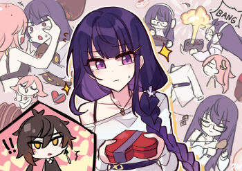 Rule 34 | absurdres, alternate costume, animal ears, baking, belt, blunt bangs, box, bra, brown hair, c520gpss, character doll, chibi, chinese commentary, chocolate, closed eyes, closed mouth, collarbone, commentary request, cooking, couple, doll, dress, embarrassed, english text, fox ears, fox girl, genshin impact, glasses, hair between eyes, hair ornament, hairclip, happy valentine, heart-shaped box, hetero, highres, holding, holding box, hoyofair, hugging object, jewelry, light blush, looking at viewer, multicolored eyes, necklace, pink hair, raiden shogun, raiden shogun (2nd anniversary), rex lapis (genshin impact), spoken character, sweatdrop, underwear, white dress, yae miko, yae miko (2nd anniversary), zhongli (genshin impact)