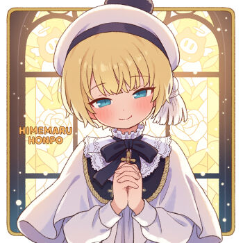 1girl black_ribbon blonde_hair blue_eyes closed_mouth commentary_request dress hat interlocked_fingers neck_ribbon onyhakase original own_hands_together ribbon short_hair smile solo teeth upper_teeth_only very_short_hair white_dress white_hat
