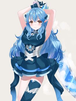 1girl ahoge armpits arms_up blue_dress blue_gloves blue_hair blue_thighhighs blush breasts closed_mouth commentary_request dress gloves hair_between_eyes heart heart_ahoge highres hololive large_breasts long_hair looking_at_viewer multicolored_hair nanatuki13 pointy_ears single_thighhigh sleeveless sleeveless_dress smile solo thighhighs very_long_hair yellow_eyes yukihana_lamy