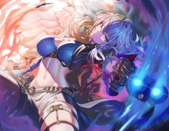 1girl absurdres aiming aiming_at_viewer black_gloves black_jacket black_pantyhose black_shorts blue_bra bra breasts closed_mouth commentary cropped_jacket feathered_wings galbrena_(wuthering_waves) gloves grey_hair gun highres holding holding_gun holding_weapon jacket large_breasts linea_alba looking_at_viewer medium_hair navel pantyhose purple_eyes riruru_(dlarp0309) shorts single_glove single_leg_pantyhose single_wing solo stomach thigh_strap underwear weapon wind wings wuthering_waves