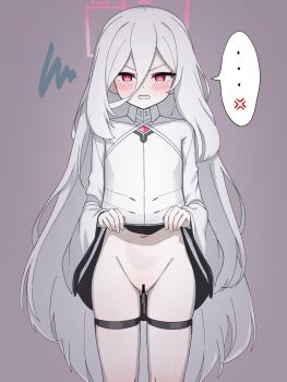 ... 1girl absurdly_long_hair absurdres anger_vein bar_censor blue_archive blush censored clothes_lift cowboy_shot dokoroten dress flat_chest flustered gluteal_fold grey_background hair_between_eyes halo highres kei_(blue_archive) kei_(new_body)_(blue_archive) lifting_own_clothes loli long_hair long_hair_between_eyes looking_at_viewer open_mouth pink_halo pussy railgun rectangular_halo ringed_eyes shirt_lift simple_background solo speech_bubble thigh_strap two-sided_dress two-sided_fabric very_long_hair white_dress white_hair