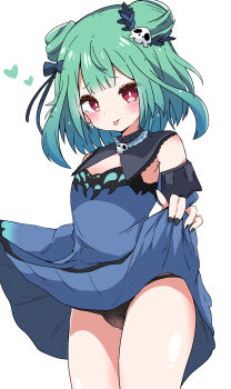 1girl animal_print black_nails black_panties blue_dress butterfly_print clothes_lift double_bun dress dress_lift earrings green_hair hair_bun hair_ornament highres hololive hololive_fantasy jewelry panties red_eyes short_hair skull_collar skull_earrings skull_hair_ornament tanaka_yutti thighs tongue tongue_out underwear uruha_rushia virtual_youtuber