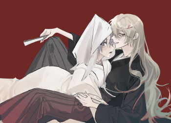 2girls alternate_costume animal_ears black_kimono black_vs_white blonde_hair blush bride commentary_request empty_eyes feet_out_of_frame female_focus fingernails hair_between_eyes hakama hakama_pants half-closed_eyes hand_fan hand_up highres holding holding_fan japanese_clothes junko_(touhou) kimono korean_commentary long_hair long_sleeves looking_at_viewer lying lying_on_person multiple_girls no_headwear on_stomach open_mouth pants purple_hair rabbit_ears rabbit_girl red_background red_eyes red_pants reisen_udongein_inaba simple_background sitting smile teeth touhou tt_orang uchikake veil wavy_hair white_kimono white_veil wide-eyed wide_sleeves wife_and_wife yuri