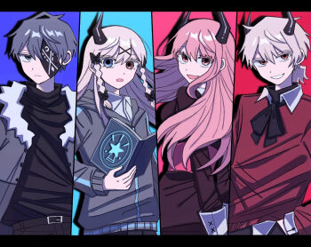 Rule 34 | 2boys, 2girls, :d, arms behind back, belt, black bow, black bowtie, black dress, black horns, black pants, black skirt, black sweater, blue background, blue eyes, book, bow, bowtie, braid, braided sidelocks, breasts, brother and sister, closed mouth, collared shirt, colored eyelashes, column lineup, commentary request, demon boy, demon girl, demon horns, double-parted bangs, dress, drop shadow, expressionless, eyepatch, family, father and daughter, father and son, flat chest, friday night funkin', frown, fur-trimmed jacket, fur trim, grey eyes, grey hair, grey jacket, grin, hair between eyes, hair bow, hair ornament, hand in pocket, heterochromia, highres, holding, holding book, hood, hood down, hooded jacket, horns, humanization, jacket, jitome, kokococo924, letterboxed, long hair, long sleeves, looking at viewer, low ponytail, medium breasts, mother and daughter, mother and son, multiple boys, multiple girls, one eye covered, open clothes, open jacket, open mouth, pants, pink background, pink belt, pink eyes, pink hair, ponytail, puffy long sleeves, puffy sleeves, purple background, rasazy (friday night funkin'), red background, red eyes, red sweater, ruvyzvat (friday night funkin'), sarvente (friday night funkin'), selever (friday night funkin'), shirt, short hair, short ponytail, siblings, simple background, skirt, smile, standing, star (symbol), sweater, turtleneck, turtleneck sweater, upper body, v arms, very long hair, very short hair, white eyelashes, white hair, white shirt, x hair ornament