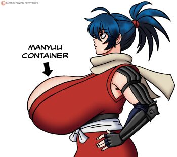 1girl absurdres blue_hair breasts cleavage coloredyiddies evil_container_(meme) female_focus fingerless_gloves from_side gigantic_breasts gloves hand_on_own_hip highres manyuu_chifusa manyuu_hikenchou medium_hair ponytail scarf solo yellow_eyes