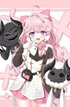 1girl :d ahoge arm_warmers bag bell black_arm_warmers black_bag black_dress blush bow bowtie commentary_request cowboy_shot cross-shaped_pupils dress earrings encore_(wuthering_waves) eyelashes finger_to_mouth fingernails gold_trim hair_between_eyes hair_bobbles hair_bow hair_intakes hair_ornament hair_ribbon hairclip hand_up highres index_finger_raised jewelry long_hair looking_at_viewer low_twintails mandarin_collar mismatched_arm_warmers nail_polish o-ring oozeki_(v-necker) open_mouth pink_background pink_bow pink_bowtie pink_hair pink_nails pink_pupils pink_ribbon pink_skirt pleated_skirt purple_eyes ribbon short_sleeves sidelocks simple_background skirt smile solo standing stuffed_animal stuffed_sheep stuffed_toy symbol-shaped_pupils teeth thick_eyebrows twintails two-tone_background two-tone_dress upper_teeth_only white_arm_warmers white_background white_dress wuthering_waves zipper zipper_pull_tab