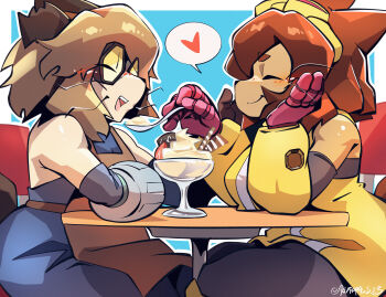 2girls absurdres animal_ears brown_hair cat_ears cat_girl cat_tail chinese_commentary closed_mouth commentary_request dpaws dress food furry furry_female gameoverse gloves goggles goggles_on_head heart highres holding holding_spoon kit_bodega multiple_girls open_mouth parfait red_gloves scratch_(gameoverse) short_hair sitting sleeveless sleeveless_dress smile spoken_heart spoon tail teeth twitter_username upper_teeth_only whiskers yellow_dress