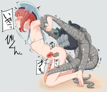 1girl bdsm blush bottomless bow breasts cervical_penetration cervix clenched_teeth covered_erect_nipples deep_penetration enemy_naval_mine_(kancolle) faceless faceless_female feet female_focus grey_background hat highres kantai_collection monster nose_blush red_hair restrained small_breasts solo teeth tentacles toes trembling tsurugi_(the_horizon) uterus vaginal x-ray z3_max_schultz_(kancolle)