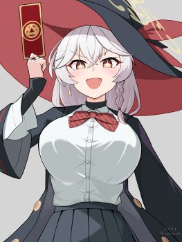 1girl black_robe black_skirt blue_archive blush breasts card collared_shirt commentary_request eri_(blue_archive) grey_background hair_between_eyes halo hat hat_ribbon highres holding holding_card jewelry large_breasts long_hair long_sleeves looking_at_viewer multiple_rings open_mouth orange_eyes orange_trim pleated_skirt red_hair red_ribbon red_trim ribbon ring robe shirt simple_background skirt sleeves_past_wrists smile solo sparkling_eyes suzu_saki very_long_hair white_shirt wide_sleeves yellow_halo