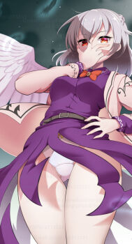 1girl artist_name belt blue_background bow bowtie braid breasts brooch collared_shirt commission dress ears feathered_wings fingernails from_below futa_(nabezoko) groin hair_between_eyes half_up_braid hand_on_own_face hand_on_own_hip hand_to_own_mouth jacket jewelry kishin_sagume long_sleeves looking_at_viewer medium_breasts panties purple_dress purple_shirt red_bow red_bowtie red_eyes shirt short_hair single_wing skeb_commission skirt sky solo standing star_(sky) starry_sky thigh_gap thighs touhou underwear upskirt watermark white_panties white_wings wings