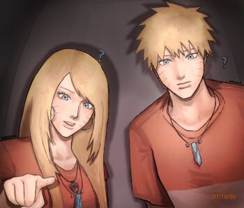 1boy 1girl ? alternate_costume alternate_hairstyle artist_name bleeehrghw blonde_hair blue_eyes closed_mouth commentary crystal_necklace downturned_eyes drop_shadow dual_persona earrings eyelashes genderswap genderswap_(mtf) grey_background hashtag-only_commentary height_difference highres hoop_earrings jewelry long_hair naruko_(naruto) naruto_(series) orange_shirt parted_lips pointing pointing_at_viewer shirt short_hair swept_bangs t-shirt teeth timestamp upper_body upper_teeth_only uzumaki_naruto