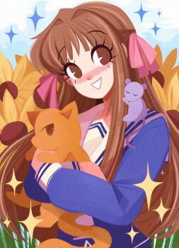 Rule 34 | 1girl, 2boys, animal, animal on shoulder, blue shirt, blue sky, blush, brown eyes, brown hair, cat, commentary, emmyluvscookies, english commentary, eyelashes, fruits basket, grass, hair ribbon, highres, holding, holding animal, honda tohru, long hair, long sleeves, looking at viewer, mouse (animal), multiple boys, open mouth, pink ribbon, ribbon, sailor collar, shirt, sky, smile, sohma kyou, sohma yuki, sparkle, two side up, upper body, white sailor collar