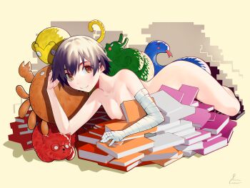 1girl absurdres artist_name ass bandaged_arm bandages black_hair black_thighhighs blush book book_stack breasts brown_eyes closed_mouth commentary completely_nude elbow_rest english_commentary eyelashes hair_between_eyes head_rest highres kanbaru_suruga light_blush looking_at_viewer lying monogatari_(series) nude on_side on_stomach piancaesar pile_of_books rainbow_order short_hair signature small_breasts smile solo stack stuffed_animal stuffed_cat stuffed_crab stuffed_monkey stuffed_snail stuffed_snake stuffed_toy thick_eyebrows thighhighs tomboy very_short_hair yellow_background