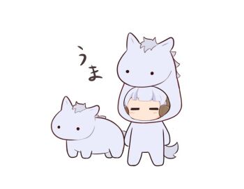 1girl animal_costume blunt_bangs chibi chibi_only closed_eyes commentary creature_and_personification full_body gold_ship_(racehorse) gold_ship_(umamusume) gomashio_(goma_feet) grey_hair horse horse_costume light_blush personification simple_background standing translated umamusume white_background