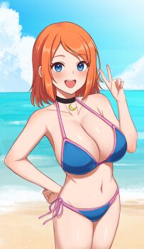 1girl :d absurdres alternate_hairstyle bare_arms beach bikini blue_bikini blue_hair blue_sky blush breasts cleavage cloud collarbone commission day highres horizon large_breasts looking_at_viewer medium_hair mixed-language_commentary nintendo ocean open_mouth orange_hair original outdoors pixiv_commission pokemon pokemon_colosseum rui_(pokemon) side-tie_bikini_bottom sky smile solo surippa1010 swimsuit v