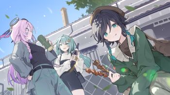 1boy 2girls :p absurdres aqua_eyes aqua_hair bamboo belt black_hair black_overalls black_shirt blue_eyes bottle braid brown_hat citlali_(genshin_impact) closed_mouth commentary_request cup facial_mark faruzan_(genshin_impact) food genshin_impact green_eyes green_jacket grey_jacket grey_pants guest_art hat highres holding holding_bottle holding_cup holding_food jacket jewelry long_hair long_sleeves multicolored_hair multiple_girls necklace ningen_mame overalls pants pink_hair shirt sweater tongue tongue_out twin_braids venti_(genshin_impact) white_sweater wine_bottle