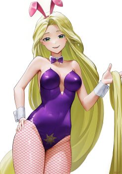 1girl absurdly_long_hair absurdres animal_ears bare_shoulders blonde_hair bow breasts cleavage detached_collar disney_princess fake_animal_ears fishnet_pantyhose fishnets green_eyes hand_on_own_hip highres iqbqlz large_breasts leotard long_hair looking_at_viewer pantyhose playboy_bunny purple_leotard rabbit_ears rabbit_girl rapunzel_(disney) rapunzel_(fairy_tale) solo strapless strapless_leotard tangled very_long_hair white_wrist_cuffs wrist_cuffs