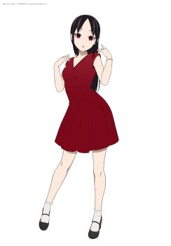 1girl :o absurdres black_hair bracelet coro_fae dress full_body hands_up highres jewelry kaguya-sama_wa_kokurasetai_~tensai-tachi_no_renai_zunousen~ long_hair looking_at_viewer parted_bangs red_dress red_eyes shinomiya_kaguya short_dress simple_background solo standing straight_hair white_background