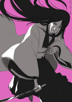 Rule 34 | 1girl, bleach, bleach: sennen kessen-hen, commentary request, facial scar, greyscale with colored background, hakama, haori, highres, holding, holding sword, holding weapon, japanese clothes, lido an0, lips, long hair, pink background, sandals, scar, scar on cheek, scar on face, shihakusho, solo, sword, taichou haori, twitter username, unohana retsu, weapon