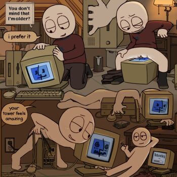 1other aftersex apple_inc. black_socks brown_pants cigarette clitoris colored_skin computer computer_mouse desk desk_lamp electrical_outlet english_text erect_clitoris highres holding holding_cigarette homunculus100 lamp macintosh monitor montage nude one_eye_closed original pants pussy pussyjob red_sweater sexually_suggestive socks stick_figure sweater uncommon_stimulation unworn_pants white_skin
