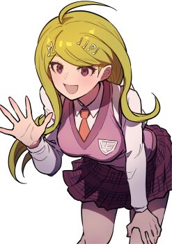 1girl absurdres ahoge akamatsu_kaede bag bent_over blonde_hair breasts collared_shirt commentary_request danganronpa_(series) danganronpa_v3:_killing_harmony fortissimo hair_ornament highres large_breasts long_hair long_sleeves looking_at_viewer musical_note musical_note_hair_ornament necktie open_mouth pink_sweater_vest pleated_skirt shirt skirt smile sweater_vest vest waving white_bag white_shirt youko-shima