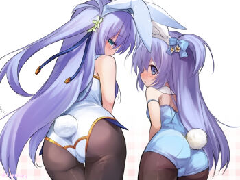 2girls animal_ears ass baikamo_(flower_knight_girl) baikasou_(flower_knight_girl) bare_shoulders black_pantyhose blue_leotard blue_ribbon blush bow bunny_day fake_animal_ears fake_tail flower_knight_girl from_behind green_eyes hair_bow izumi_yukiru leaning_forward leotard long_hair looking_back multiple_girls one_side_up pantyhose purple_eyes purple_hair rabbit_ears rabbit_tail ribbon siblings sisters strapless strapless_leotard tail thighs two_side_up white_leotard