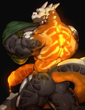 1boy absurdres ass back back_focus bara black_background black_sclera bone broad_shoulders clothes_lift colored_sclera dragon_boy green_shirt highres huge_penis lava male_focus mixter_art muscular muscular_legs muscular_male original penis see-through_body shirt shirt_lift solo striped_blush thighs triceps yellow_eyes