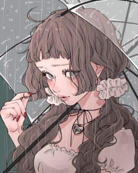 1girl aegyo_sal blurry blurry_background choker cord_choker depth_of_field dress eyelashes fingernails frilled_dress frills frown grey_hair hair_ornament hair_over_breasts hair_over_shoulder hair_scrunchie heart heart_necklace highres hime_cut jewelry long_fingernails looking_at_viewer low_twintails nail_polish necklace original outdoors portrait puffy_short_sleeves puffy_sleeves rain red_nails ribbon_choker sad scrunchie short_bangs short_sleeves tamori_(tamori_www) transparent transparent_umbrella twintails twirling_hair umbrella water_drop wavy_hair white_dress white_scrunchie