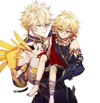 2boys absurdres aged_down amputee antenna_hair arm_tattoo bandaged_leg bandages bboo_hoyo black_choker black_shorts black_tank_top blonde_hair blue_eyes braid chest_tattoo choker commentary_request cracked_skin facial_tattoo gradient_hair highres honkai:_star_rail honkai_(series) korean_commentary male_focus material_growth medium_hair multicolored_hair multiple_boys mydei_(a_trail_of_bygone_blood)_(honkai:_star_rail) mydei_(honkai:_star_rail) parted_bangs phainon_(honkai:_star_rail) phainon_(khaslana)_(honkai:_star_rail) red_hair red_tattoo shirt short_hair shorts side_braid simple_background tank_top tattoo torn_clothes torn_shirt white_background white_hair yellow_eyes