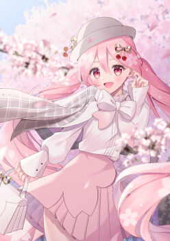 Rule 34 | 1girl, absurdly long hair, bag, blush, brown hat, cherry blossoms, cherry hair ornament, commentary request, falling petals, fingernails, flower, food-themed hair ornament, grey jacket, hair between eyes, hair ornament, hat, hatsune miku, heart, highres, holding, holding bag, holding flower, jacket, jacket on shoulders, long hair, long sleeves, looking at viewer, nail polish, official alternate costume, open mouth, petals, pink eyes, pink flower, pink hair, pink nails, pink petals, pink skirt, pleated skirt, sakura miku, sakura miku (rella), shirt, skirt, smile, solo, twintails, umannzu, very long hair, vocaloid, white shirt
