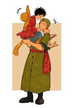 Rule 34 | 2boys, ^ ^, bandana around arm, black hair, blue shorts, boots, carrying, carrying person, closed eyes, commentary request, earrings, full body, green hair, green kimono, hat, highres, japanese clothes, jewelry, kimono, looking at another, male focus, multiple boys, shorts