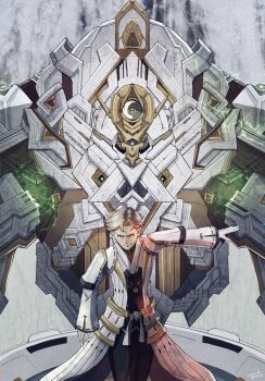 absurdres black_pants closed_mouth coat commentary ferronis_(xenoblade) glowing_markings grey_hair highres isurd_(xenoblade) looking_at_viewer mecha outdoors pants robot scene_reference short_hair signature smile toosut0 water waterfall white_coat xenoblade_chronicles_(series) xenoblade_chronicles_3