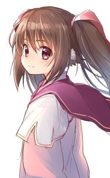 1girl animal_ears blush brown_hair closed_mouth commentary_request dress hair_between_eyes hair_ribbon long_hair looking_at_viewer mole mole_under_eye nekone_(utawarerumono) oge_(ogeogeoge) pink_ribbon red_eyes ribbon simple_background solo twintails upper_body utawarerumono utawarerumono:_itsuwari_no_kamen white_background