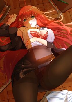 ahoge arm_under_breasts arm_up armpits black_panties black_skirt blue_eyes blush bra breasts cleavage crotch_seam fallen_down feet_out_of_frame go-toubun_no_hanayome hair_ornament hairclip large_breasts long_hair nakano_itsuki notebook off_shoulder on_floor open_clothes open_mouth open_shirt panties pantyhose red_bra red_hair ruler shirt skirt star_(symbol) star_hair_ornament thighs underwear white_shirt yakutashi