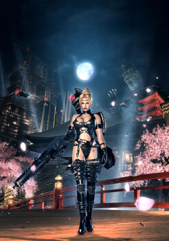 1girl 3d armband armor blonde_hair blue_eyes breasts bridge buckle_straps cherry_blossoms circlet city cleavage_cutout clothing_cutout female_focus garter_belt gloves gun hammer high_heels highres large_breasts latex leather leather_armor leotard machine_gun moon ninja_gaiden ninja_gaiden_sigma_2 official_art one-piece_swimsuit rachel_(ninja_gaiden) shoes shoulder_pads solo spiked_spaulders statue strap studded_leather swimsuit thighhighs war_hammer warhammer weapon