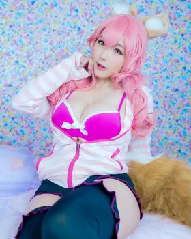 1girl animal_ears brown_eyes cosplay fake_animal_ears fate/grand_order fate_(series) female_focus highres long_hair looking_at_viewer model photo_(medium) pink_hair shibuya_kaho shorts solo tamamo_no_mae_(fate) tamamo_no_mae_(fate)_(cosplay) wig