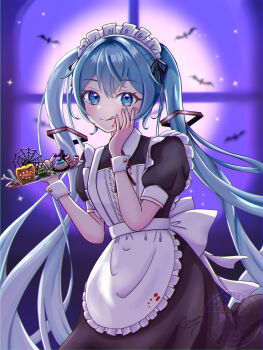 1girl absurdres alternate_costume apron aqua_eyes aqua_hair aqua_nails closed_mouth facial_tattoo frilled_apron frilled_hairband frills hair_between_eyes hair_ornament hairband halloween hand_on_own_cheek hand_on_own_face hatsune_miku highres long_hair looking_at_viewer maarin_(59567861) maid maid_apron maid_headdress number_tattoo puffy_short_sleeves puffy_sleeves short_sleeves smile solo tattoo twintails very_long_hair vocaloid waist_apron white_apron