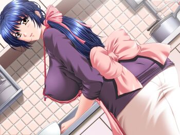 Rule 34 | 13cm, 1girl, aiba nanako, anata to mita sakura, apron, blue hair, bow, breasts, brown eyes, closed mouth, covered erect nipples, dutch angle, game cg, housewife, huge breasts, impossible clothes, impossible shirt, indoors, ishihara souka, jpeg artifacts, kitchen, long hair, looking back, mature female, pantylines, pink apron, shirt, smile, solo, tile wall, tiles