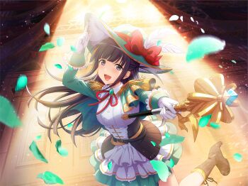 Rule 34 | 1girl, adapted costume, black corset, blue eyes, blue hair, blunt bangs, boots, bow, brown boots, corset, cosplay, epaulettes, falling leaves, floating hair, game cg, gloves, green hat, green jacket, hat, hat bow, holding, holding mace, holding weapon, jacket, knee boots, leaf, long hair, looking at viewer, mace, neck ribbon, official art, open mouth, porthos, porthos (cosplay), red bow, red ribbon, ribbon, shirt, shoujo kageki revue starlight, shoujo kageki revue starlight -re live-, skirt, solo, spotlight, standing, standing on one leg, the three musketeers, tsuyuzaki mahiru, upper body, weapon, white gloves, white shirt, white skirt