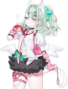 1girl absurdres animal_ears blush breasts cat_ears cat_tail chinatsu_remiel collar green_hair grey_eyes hair_ornament hairclip highres leash long_hair looking_at_viewer navel pink_bag ponytail shirt short_sleeves shouu-kun small_breasts solo tail thigh_strap thighs white_shirt winged_bag zenless_zone_zero