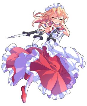 1girl alphes_(style) apron bare_arms black_ribbon blonde_hair blush breasts collared_dress commentary_request dairi dress frilled_apron frilled_dress frills frown full_body hair_between_eyes hair_intakes large_variant_set leg_up long_hair maid maid_apron maid_headdress open_mouth palms pantyhose parody puffy_short_sleeves puffy_sleeves red_dress red_shoes ribbon shoes short_sleeves small_breasts solo style_parody sword throwing touhou touhou_(pc-98) transparent_background variant_set weapon white_apron white_pantyhose yellow_eyes yumeko_(touhou)