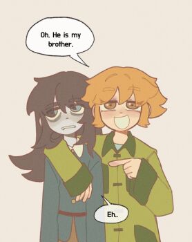 1boy 1girl abaddon_(haunted_hotel) abaddon_(human)_(haunted_hotel) arm_around_shoulder bags_under_eyes blue_coat blue_eyes brown_background brown_eyes brown_hair coat commentary_request english_text esther_freeling ghostie1124 green_coat haunted_hotel highres korean_commentary long_hair orange_hair pale_skin pointing pointing_at_another short_hair simple_background standing upper_body