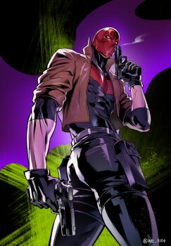 1boy absurdres bat_signal batman_(series) batman_symbol black_bodysuit black_gloves bodysuit brown_jacket commentary_request dc_comics gloves grey_bodysuit gun handgun highres holding holding_weapon holster jacket jason_todd korean_commentary male_focus mask multicolored_bodysuit muscular muscular_male open_clothes pants red_hood_(dc) red_mask superhero_costume thigh_holster two-tone_bodysuit we_5104 weapon