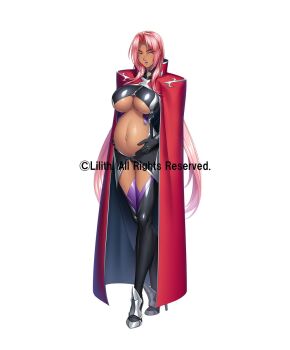 Rule 34 | 1girl, breasts, cape, dark-skinned female, dark skin, female focus, full body, hand on own stomach, highres, ingrid (taimanin asagi), kagami hirotaka, large breasts, lilith-soft, linea nigra, lipstick, long hair, looking at viewer, makeup, navel, official art, pink hair, pregnant, solo, taimanin (series), taimanin murasaki, taimanin rpgx, underboob, yellow eyes