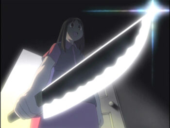 1girl anime_screenshot azumanga_daiou blade brown_eyes brown_hair crazy female_focus foreshortening holding indoors kasuga_ayumu knife murder_face open_mouth solo sparkle