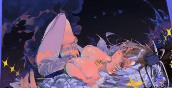 1girl absurdres asymmetrical_legwear bare_shoulders bird blue_nails breasts brown_hair cleavage commission detached_sleeves full_body hair_between_eyes highres lantern large_breasts leg_grab long_hair looking_at_viewer lying mismatched_legwear nail_polish night on_back original parted_lips purassi88 single_thighhigh sky solo thigh_gap thighhighs thighs upside-down white_thighhighs yellow_eyes