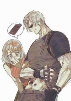 1boy 1girl abs ashley_graham bare_shoulders black_gloves blonde_hair blood_on_body blush breasts cheese_grater covering_own_mouth cow fingerless_gloves gloves green_skirt hand_over_own_mouth highres image_in_thought_bubble knife leon_s._kennedy looking_at_another medium_breasts muscular muscular_male nul orange_sweater parted_bangs parted_lips plaid_clothes plaid_skirt resident_evil resident_evil_4 shirt short_hair short_sleeves skirt sweatdrop sweater tight_clothes tight_shirt turtleneck turtleneck_sweater watch white_background wristwatch